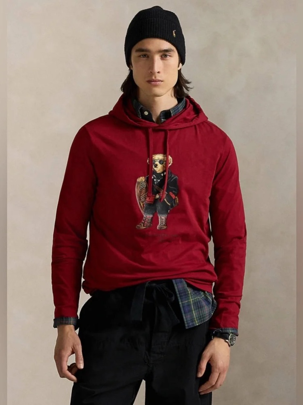 Men's Burgundy Graphic Hoodie Shirt - Polo Bear Design